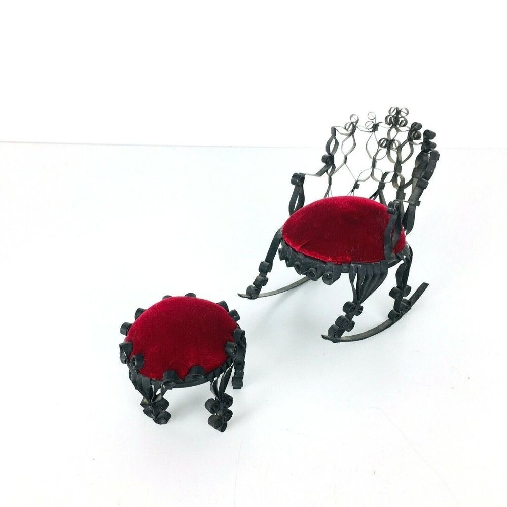 Vtg Tin Can Rocking Chair Ottoman Victorian Dollhouse Furniture Folk Tra… - Picture 3 of 9